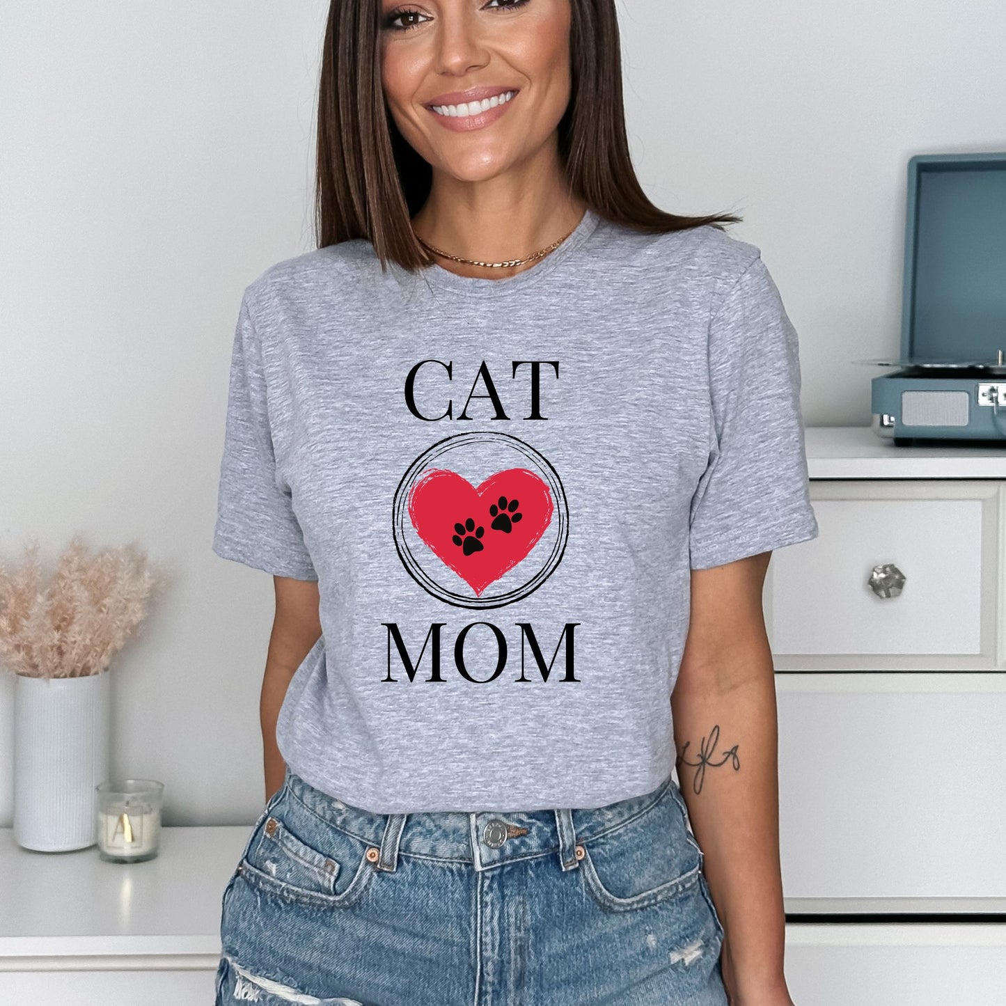 Cat Mom T-Shirt, Pet Lover Tee, Heart Pawprint Shirt, Gift for Cat Owner, Mother's Day Gift