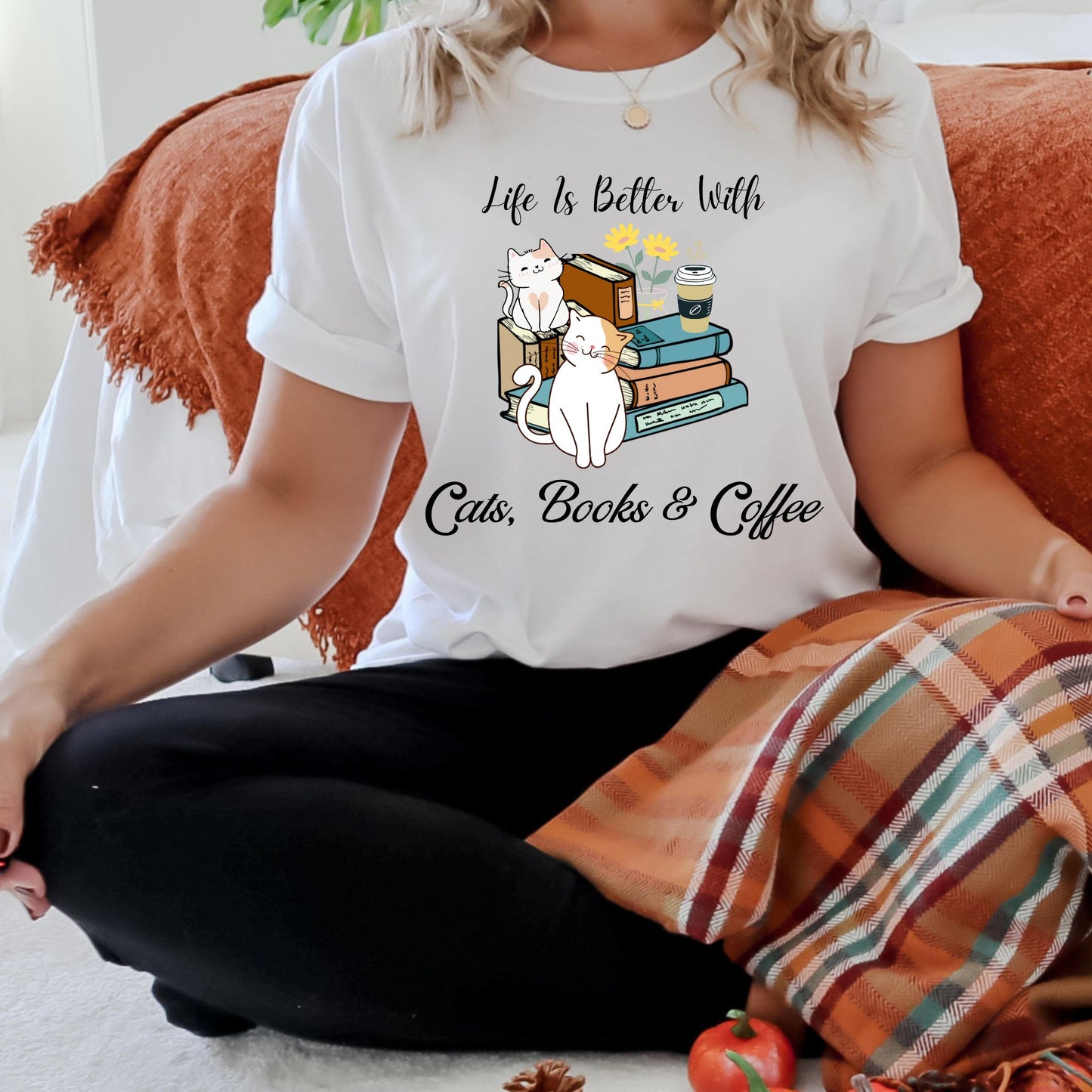Life’s Better with Cats, Books, and Coffee T-Shirt – Cute Cat & Book Lover Graphic Tee