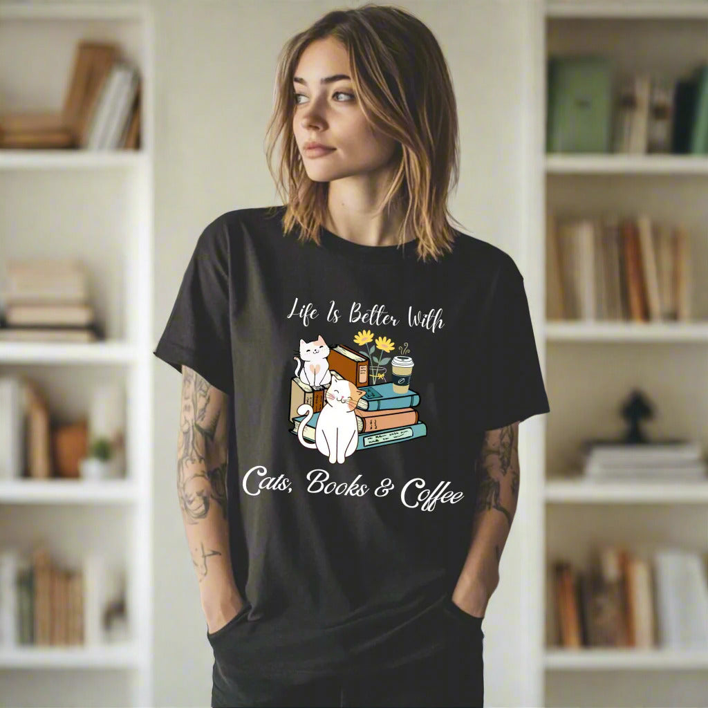 Life’s Better with Cats, Books, and Coffee T-Shirt – Cute Cat & Book Lover Graphic Tee