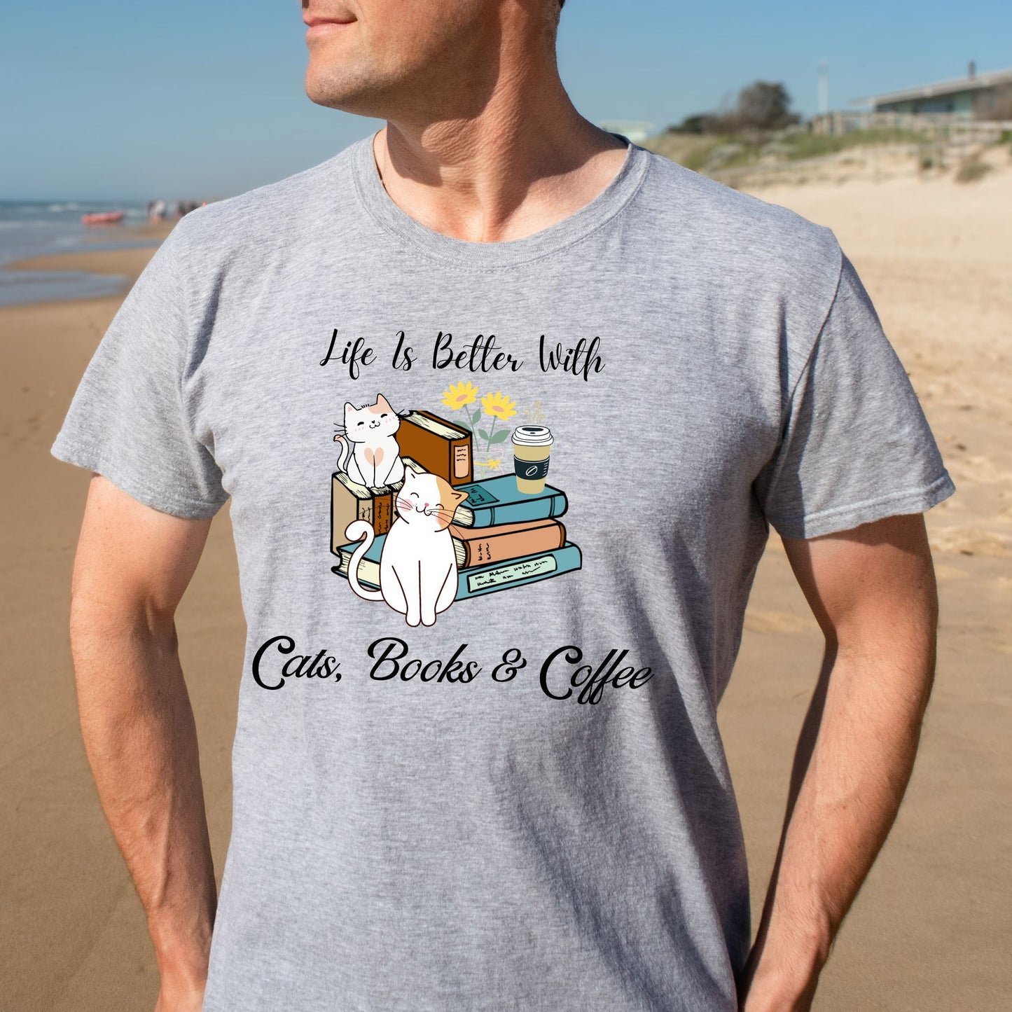 Life’s Better with Cats, Books, and Coffee T-Shirt – Cute Cat & Book Lover Graphic Tee