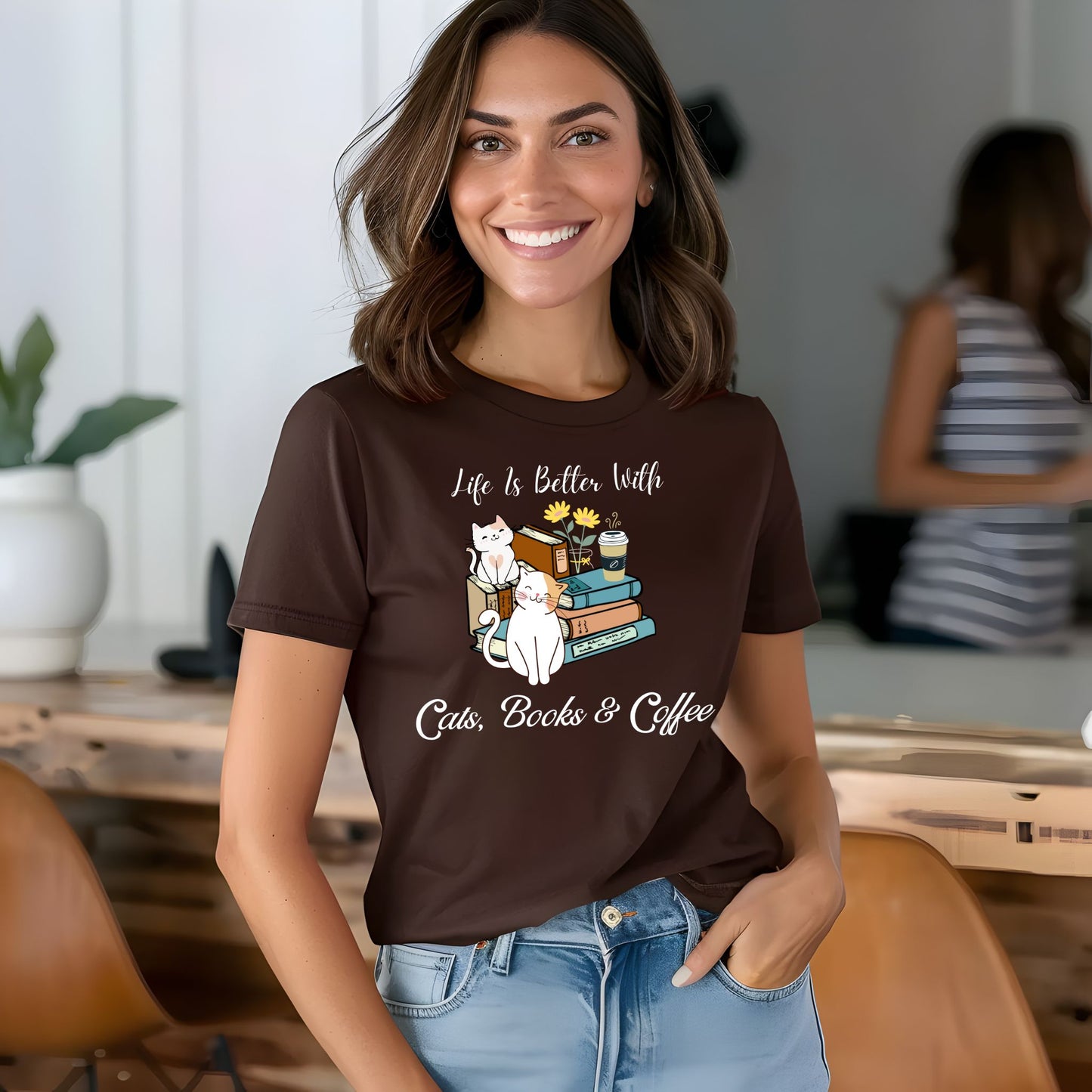 Life’s Better with Cats, Books, and Coffee T-Shirt – Cute Cat & Book Lover Graphic Tee