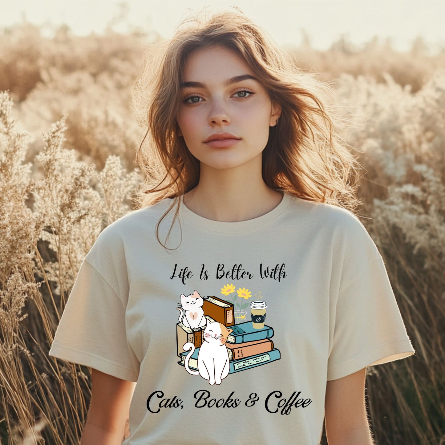 Life’s Better with Cats, Books, and Coffee T-Shirt – Cute Cat & Book Lover Graphic Tee
