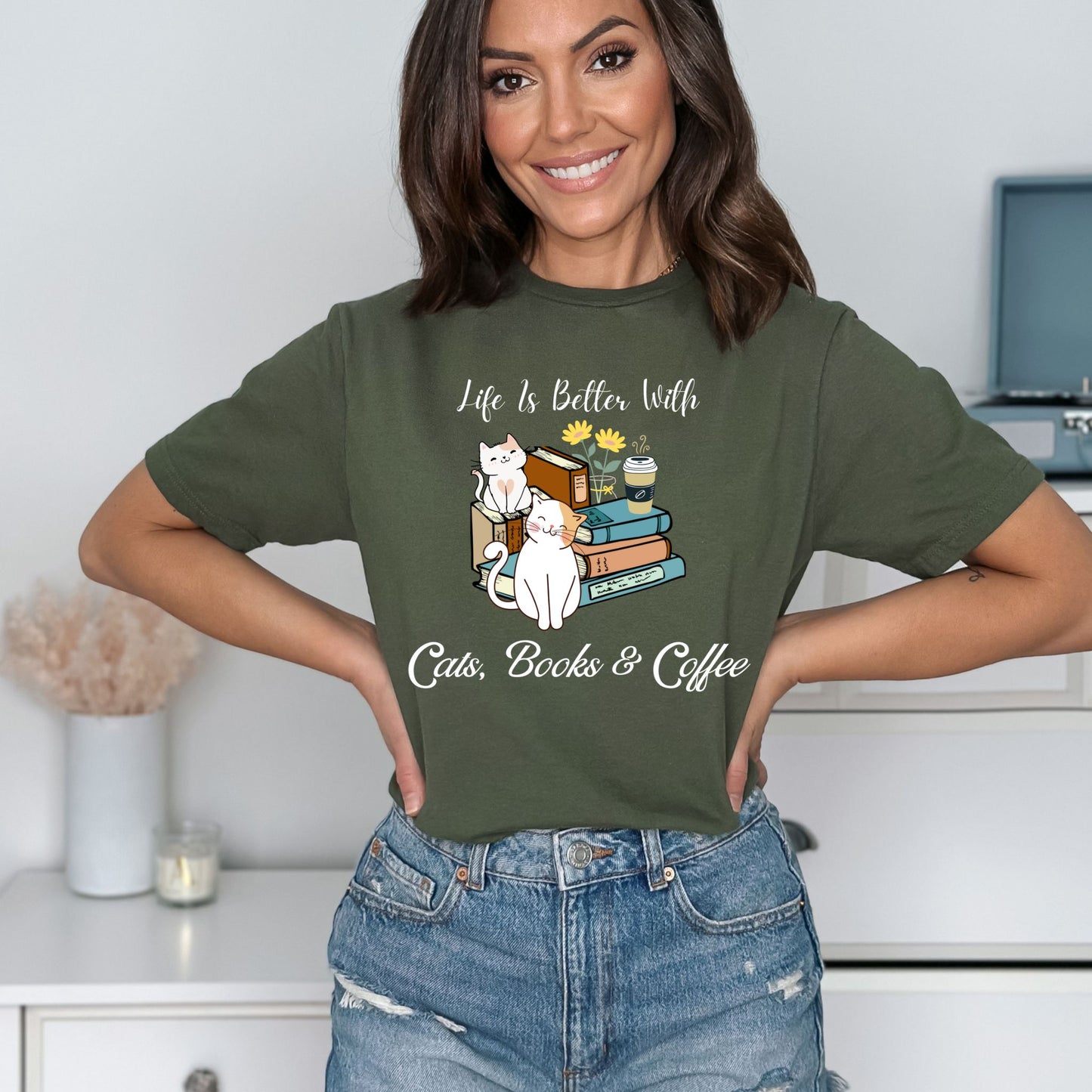 Life’s Better with Cats, Books, and Coffee T-Shirt – Cute Cat & Book Lover Graphic Tee