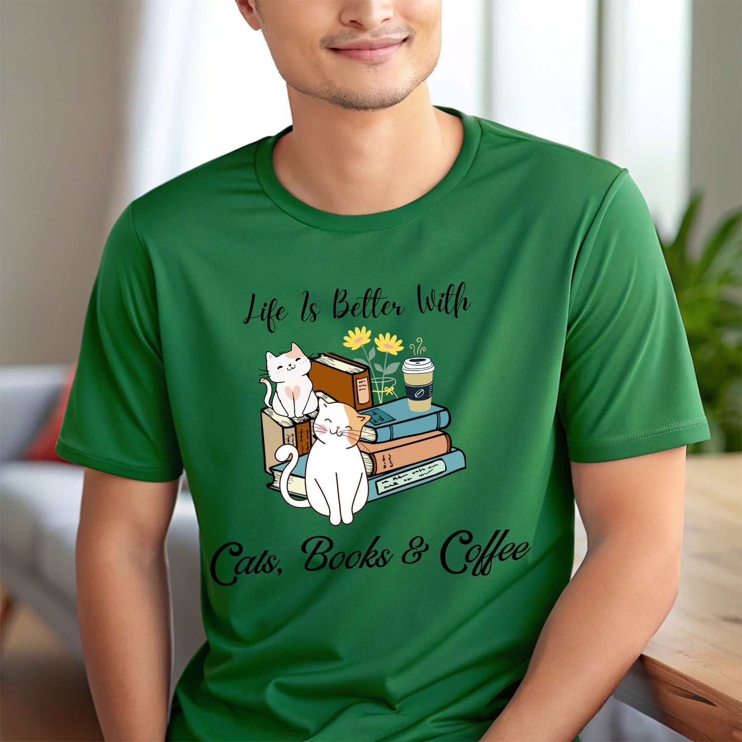 Life’s Better with Cats, Books, and Coffee T-Shirt – Cute Cat & Book Lover Graphic Tee