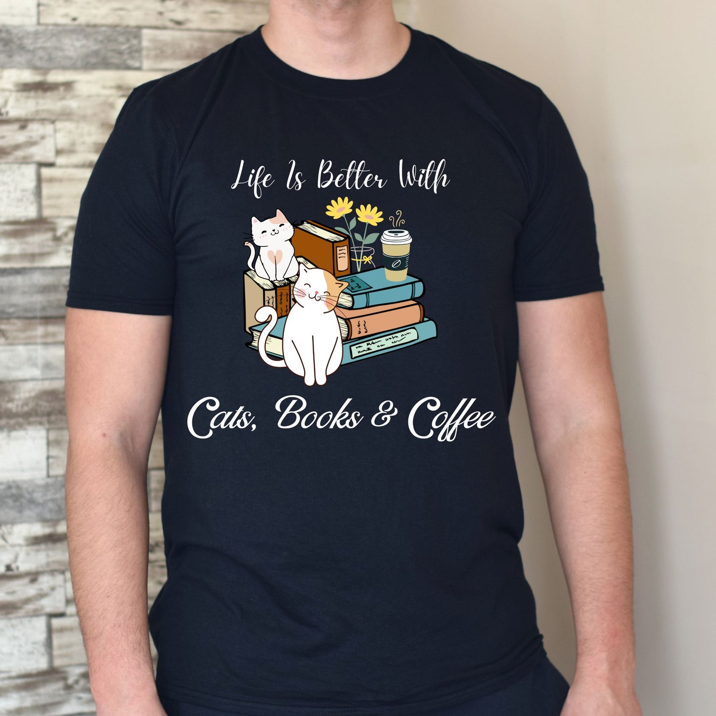 Life’s Better with Cats, Books, and Coffee T-Shirt – Cute Cat & Book Lover Graphic Tee