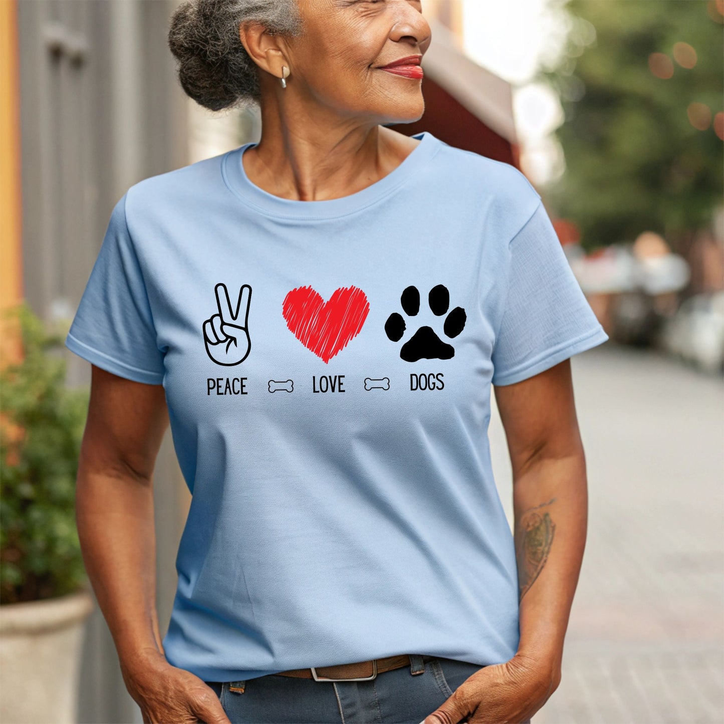Peace Love Dogs Shirt, Dog Lover Shirt, Cute Dog Lover Tee with Peace Sign, Heart, and Paw Print Graphic