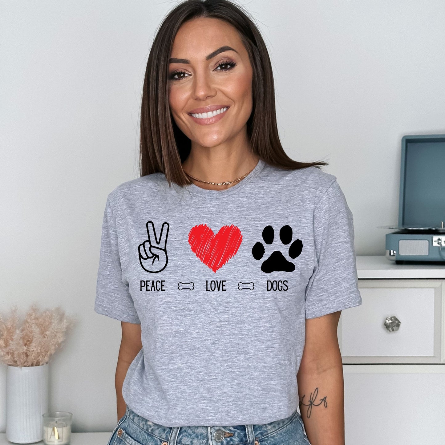 Peace Love Dogs Shirt, Dog Lover Shirt, Cute Dog Lover Tee with Peace Sign, Heart, and Paw Print Graphic