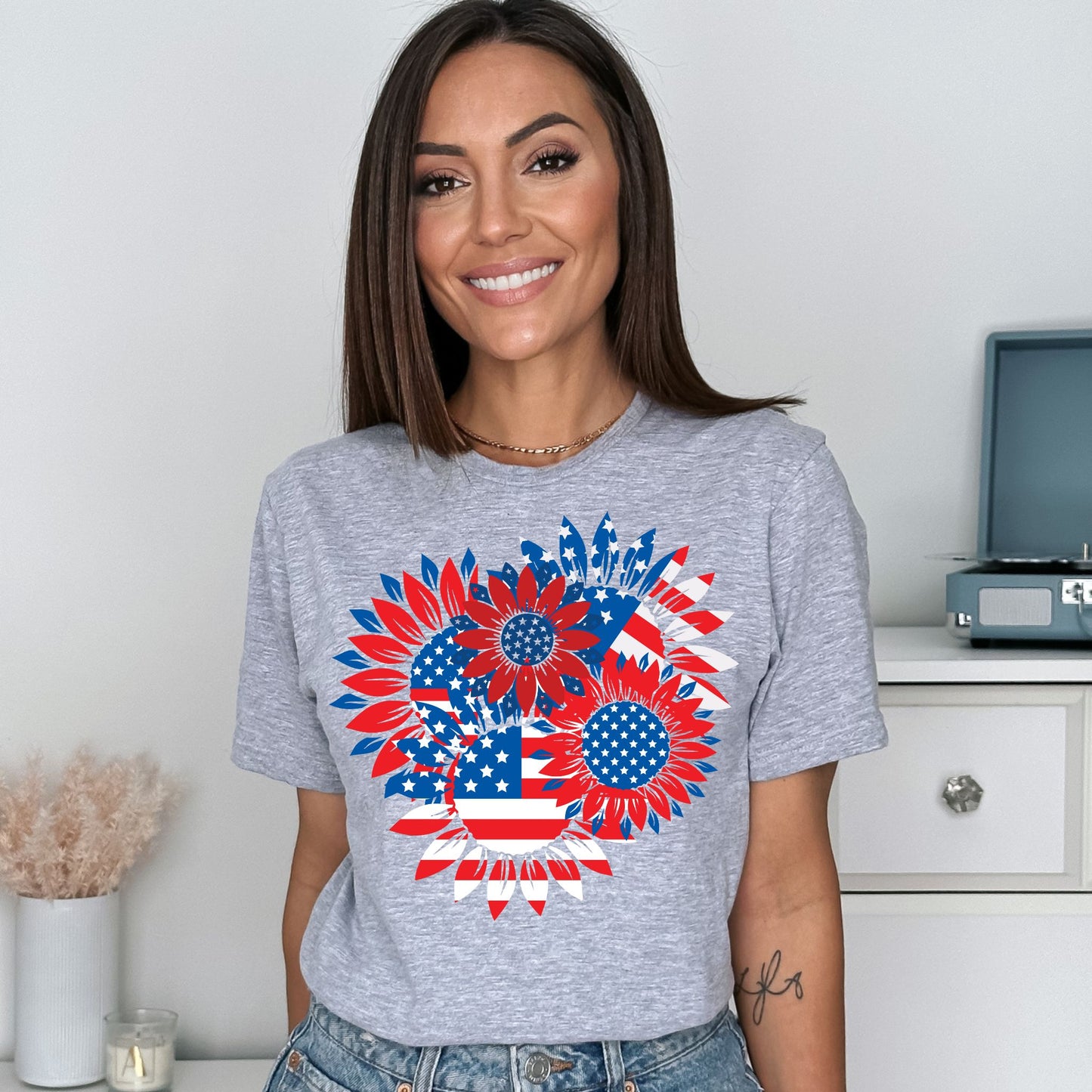 Patriotic Sunflower T-Shirt American Flag Stars and Stripes Floral Graphic Tee Sunflowers Shirt Gift For American 4th Of July Flag T-Shirt Patriotic Shirt
