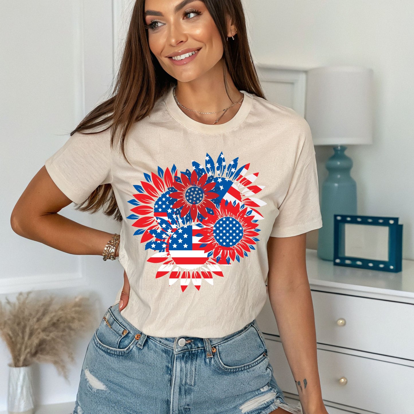 Patriotic Sunflower T-Shirt American Flag Stars and Stripes Floral Graphic Tee Sunflowers Shirt Gift For American 4th Of July Flag T-Shirt Patriotic Shirt