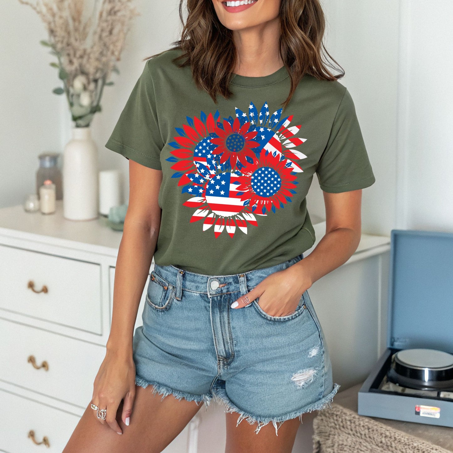 Patriotic Sunflower T-Shirt American Flag Stars and Stripes Floral Graphic Tee Sunflowers Shirt Gift For American 4th Of July Flag T-Shirt Patriotic Shirt