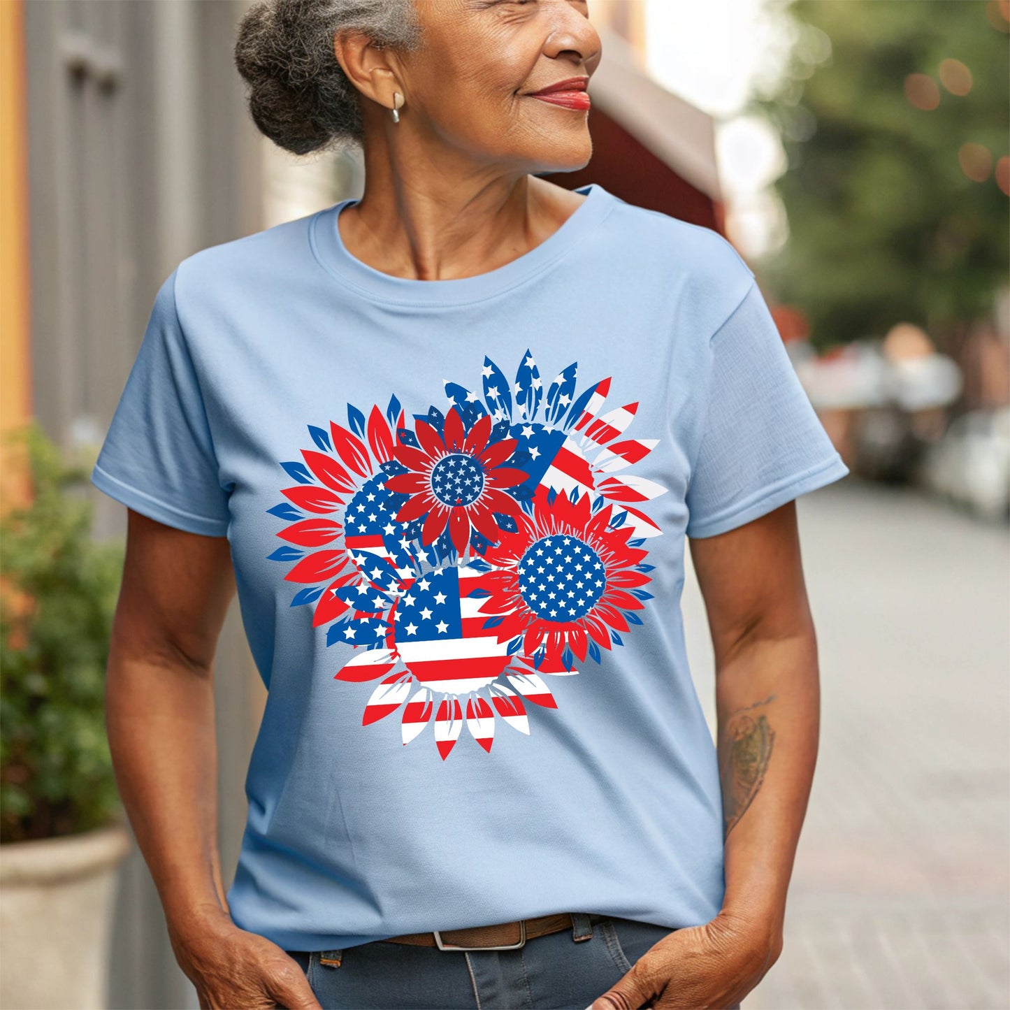 Patriotic Sunflower T-Shirt American Flag Stars and Stripes Floral Graphic Tee Sunflowers Shirt Gift For American 4th Of July Flag T-Shirt Patriotic Shirt