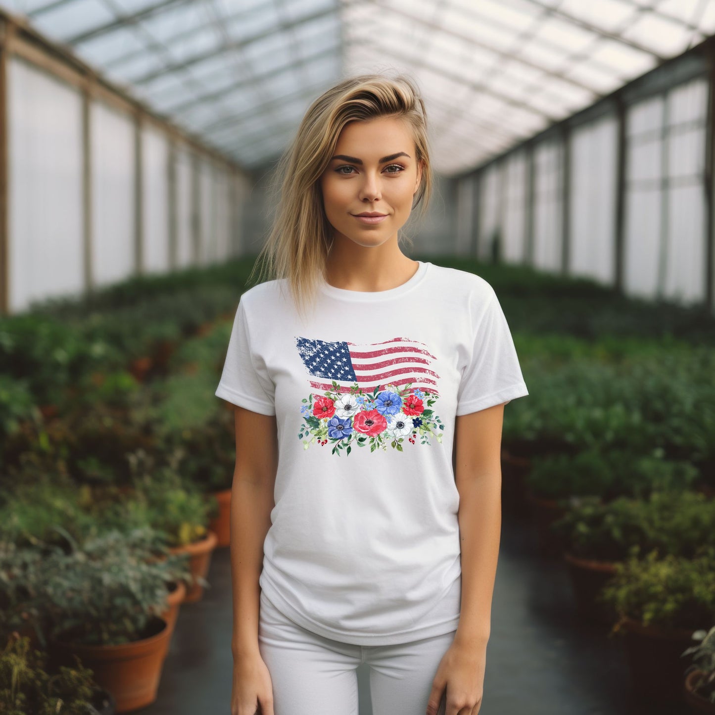 Floral American Flag T-Shirt USA Flag with Flowers Patriotic Graphic Tee Flag Graphic T-Shirt Independence Day Shirt USA Flag T Shirt 4th of July Shirt