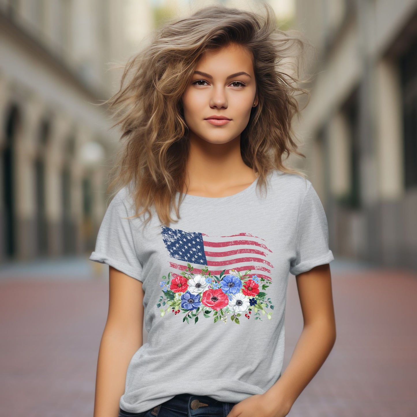Floral American Flag T-Shirt USA Flag with Flowers Patriotic Graphic Tee Flag Graphic T-Shirt Independence Day Shirt USA Flag T Shirt 4th of July Shirt