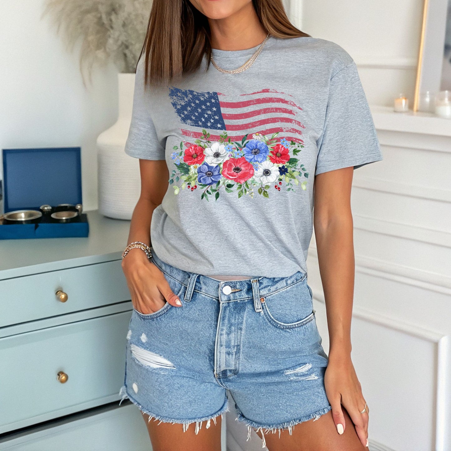 Floral American Flag T-Shirt USA Flag with Flowers Patriotic Graphic Tee Flag Graphic T-Shirt Independence Day Shirt USA Flag T Shirt 4th of July Shirt