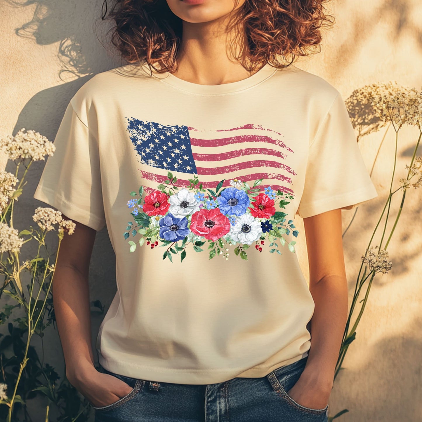 Floral American Flag T-Shirt USA Flag with Flowers Patriotic Graphic Tee Flag Graphic T-Shirt Independence Day Shirt USA Flag T Shirt 4th of July Shirt