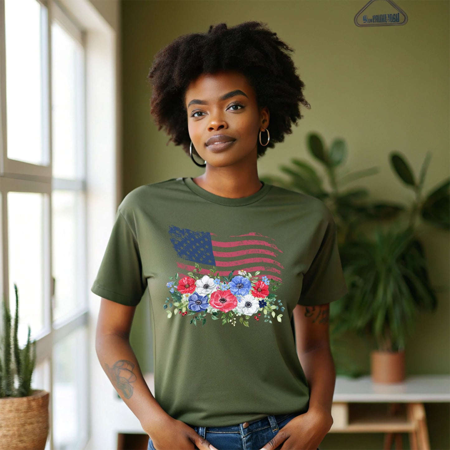 Floral American Flag T-Shirt USA Flag with Flowers Patriotic Graphic Tee Flag Graphic T-Shirt Independence Day Shirt USA Flag T Shirt 4th of July Shirt