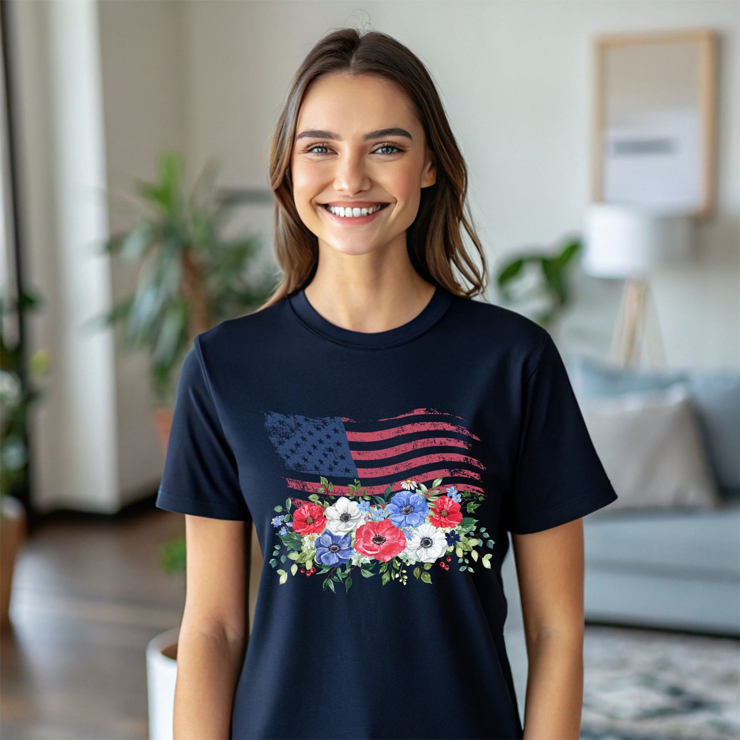 Floral American Flag T-Shirt USA Flag with Flowers Patriotic Graphic Tee Flag Graphic T-Shirt Independence Day Shirt USA Flag T Shirt 4th of July Shirt