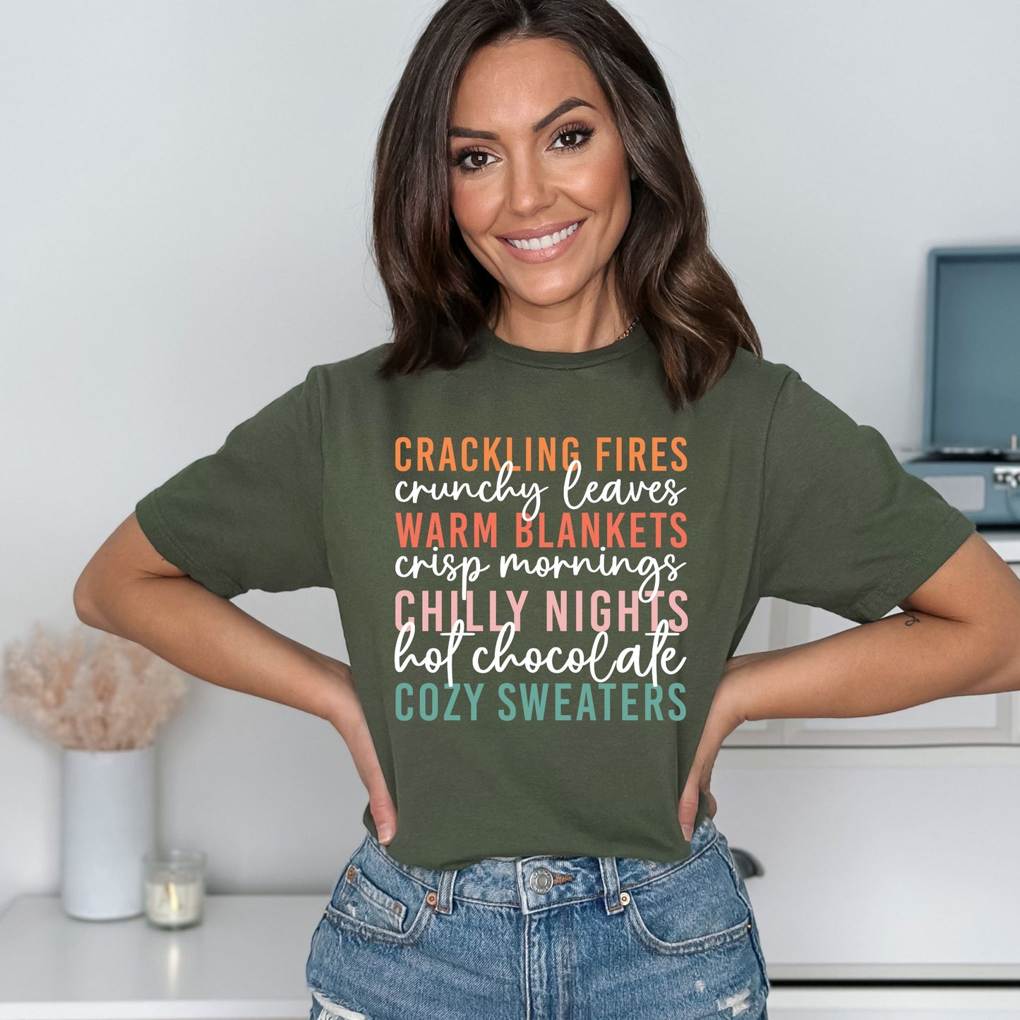 Cozy Fall Vibes T-Shirt Autumn Text Graphic Tee Fall Lovers Tshirt Crackling Fires and Cozy Sweaters T-Shirt Fall Lover Gift