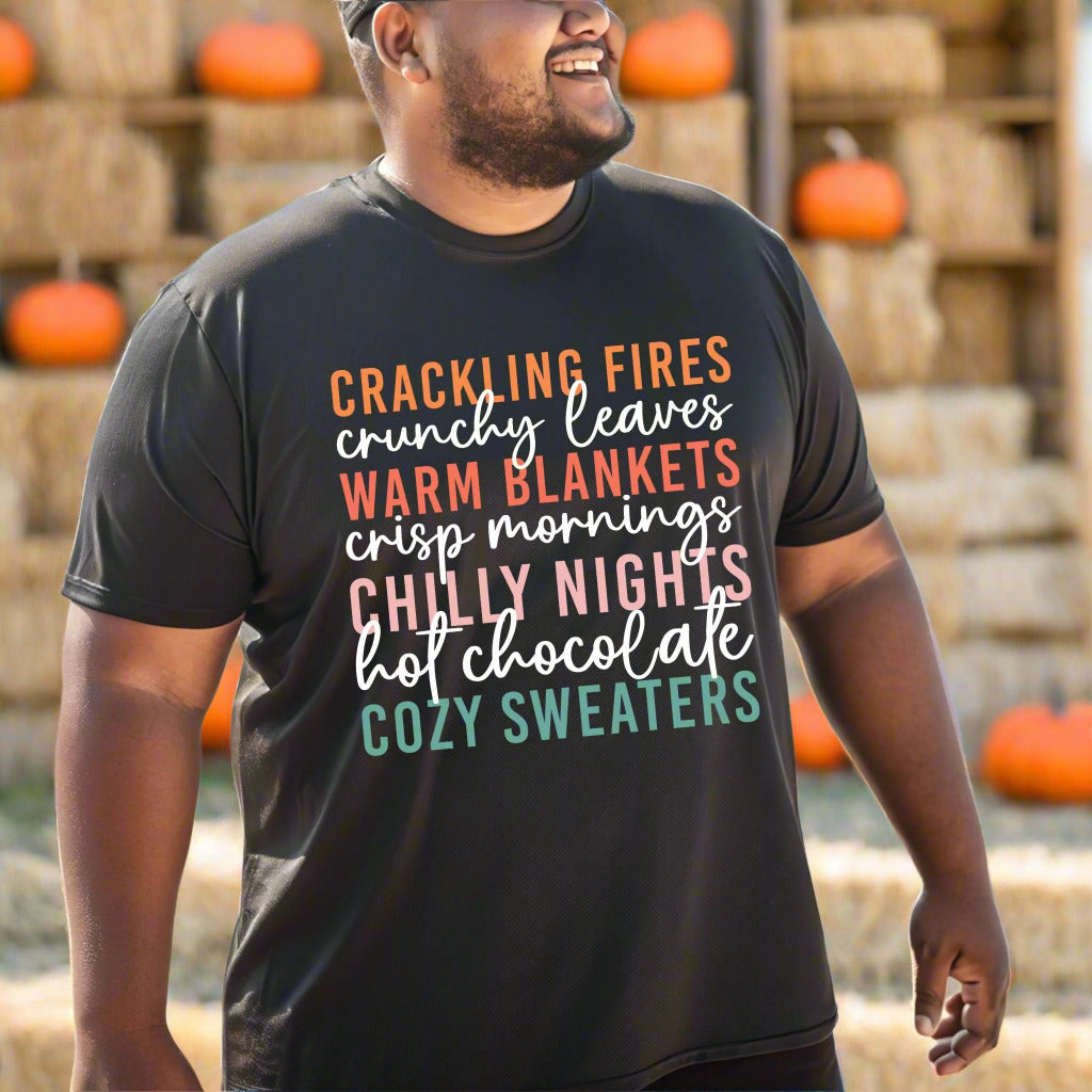 Cozy Fall Vibes T-Shirt Autumn Text Graphic Tee Fall Lovers Tshirt Crackling Fires and Cozy Sweaters T-Shirt Fall Lover Gift