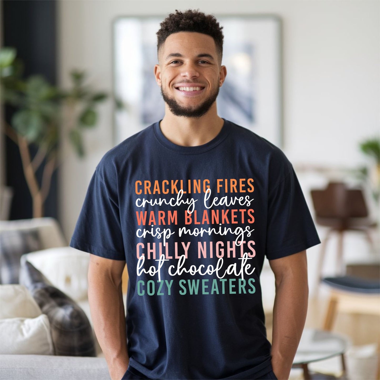 Cozy Fall Vibes T-Shirt Autumn Text Graphic Tee Fall Lovers Tshirt Crackling Fires and Cozy Sweaters T-Shirt Fall Lover Gift