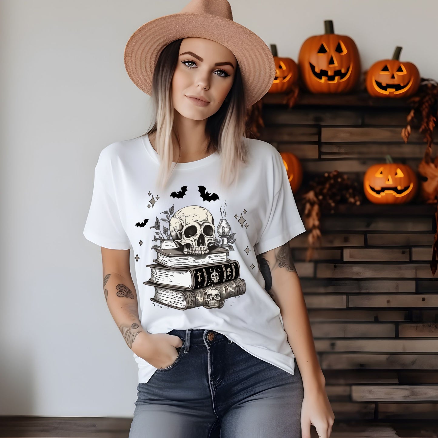 Dark Academia Aesthetic T-Shirt – Skull, Books, and Bats Gothic Graphic Tee