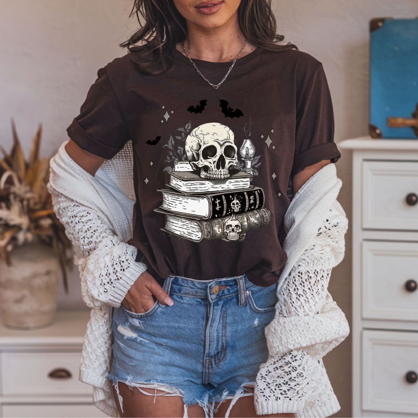 Dark Academia Aesthetic T-Shirt – Skull, Books, and Bats Gothic Graphic Tee