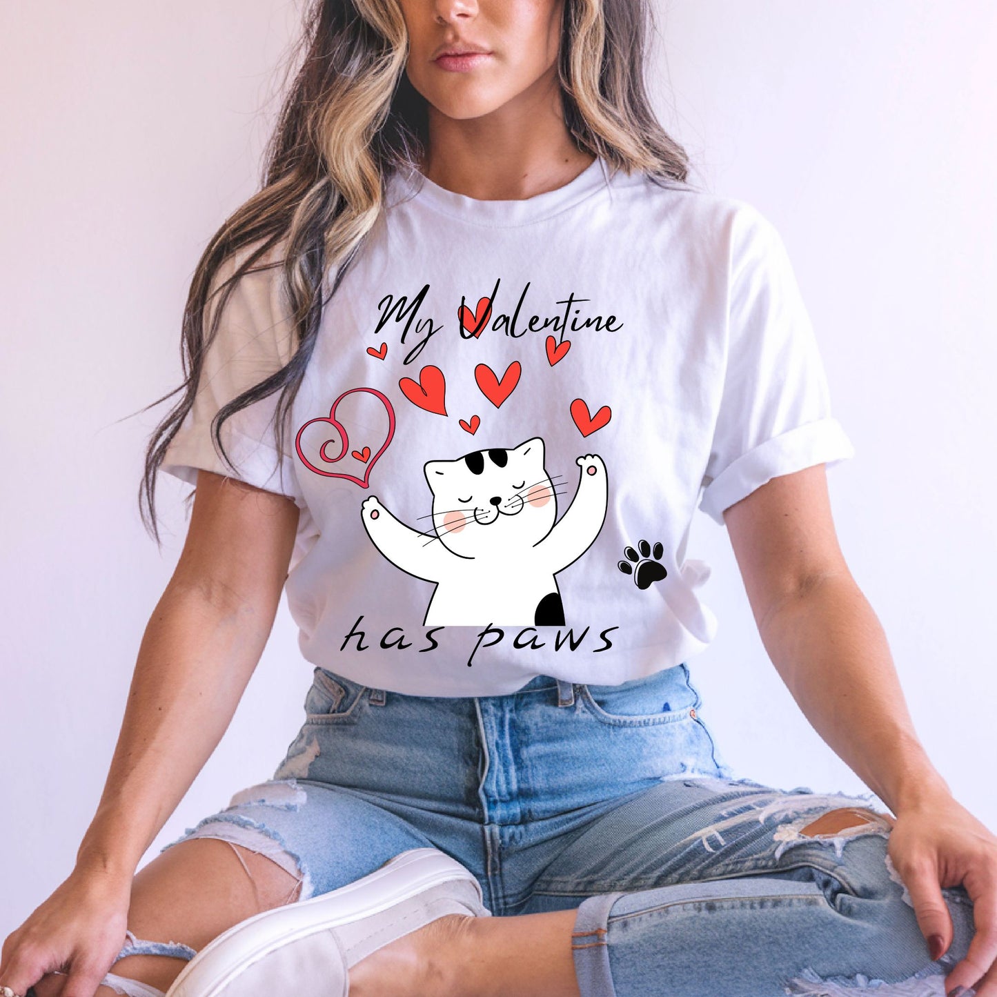 My Valentine Has Paws Shirt Cute Cat Love T-Shirt Valentine’s Day Kitty with Hearts Graphic Tee for Cat Lovers