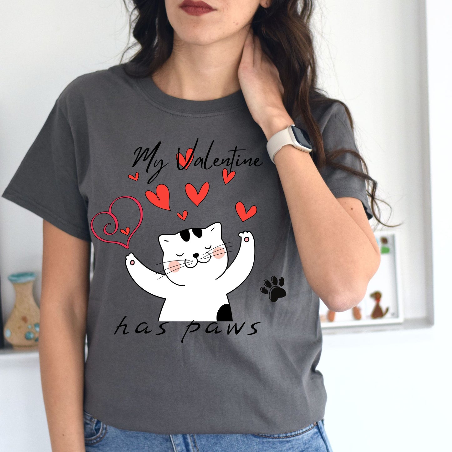 My Valentine Has Paws Shirt Cute Cat Love T-Shirt Valentine’s Day Kitty with Hearts Graphic Tee for Cat Lovers