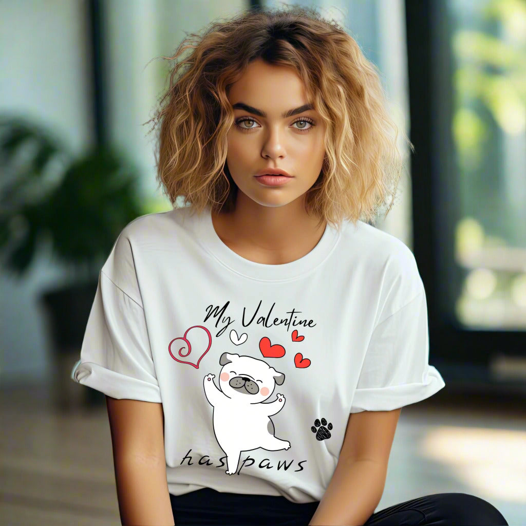 My Valentine Has Paws Dog T-Shirt Cute Dog Love T-Shirt Valentine’s Day Puppy with Hearts Graphic Tee for Dog Lovers