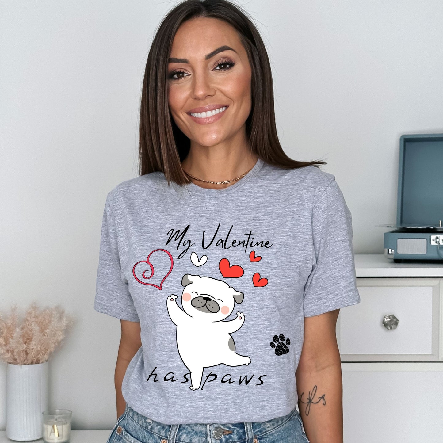 My Valentine Has Paws Dog T-Shirt Cute Dog Love T-Shirt Valentine’s Day Puppy with Hearts Graphic Tee for Dog Lovers