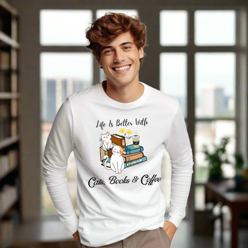 Cute Cat Book Coffee T-Shirt Cozy Literary Cat Lover Tee Long Sleeve Tee