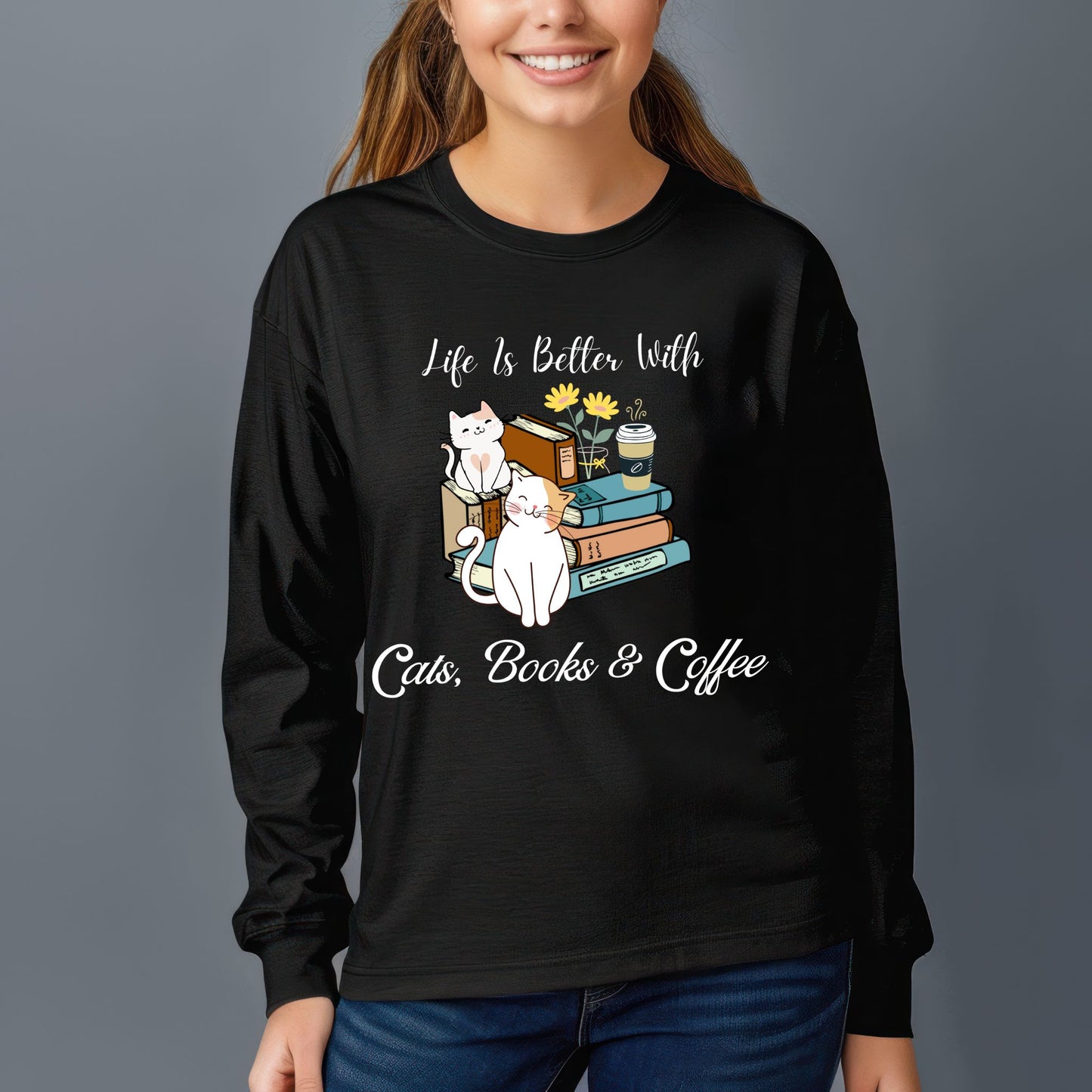Cute Cat Book Coffee T-Shirt Cozy Literary Cat Lover Tee Long Sleeve Tee
