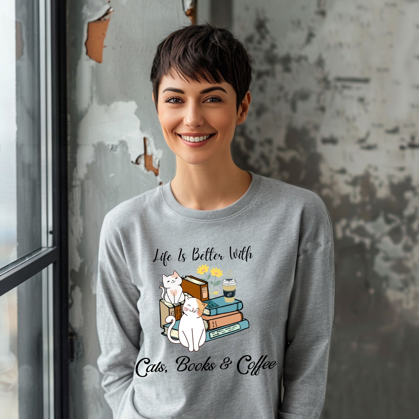 Cute Cat Book Coffee T-Shirt Cozy Literary Cat Lover Tee Long Sleeve Tee