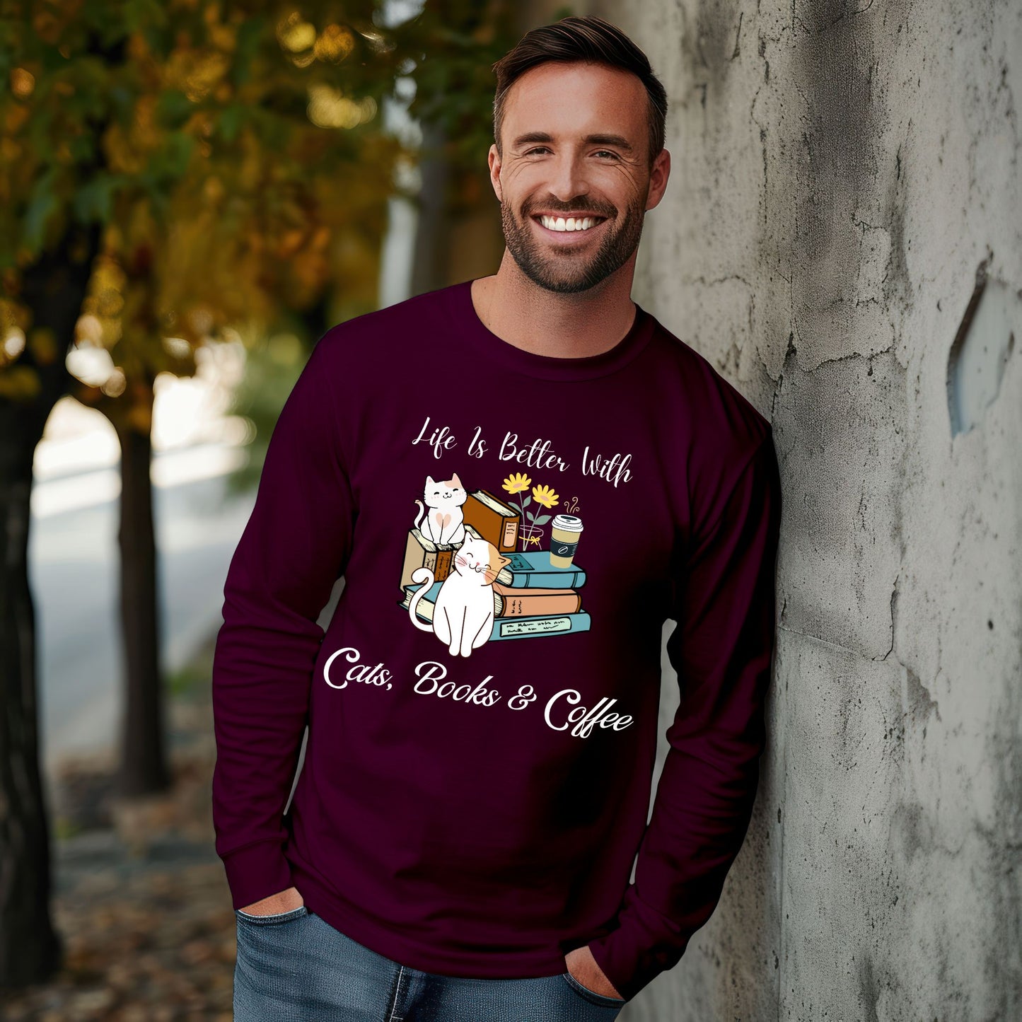 Cute Cat Book Coffee T-Shirt Cozy Literary Cat Lover Tee Long Sleeve Tee