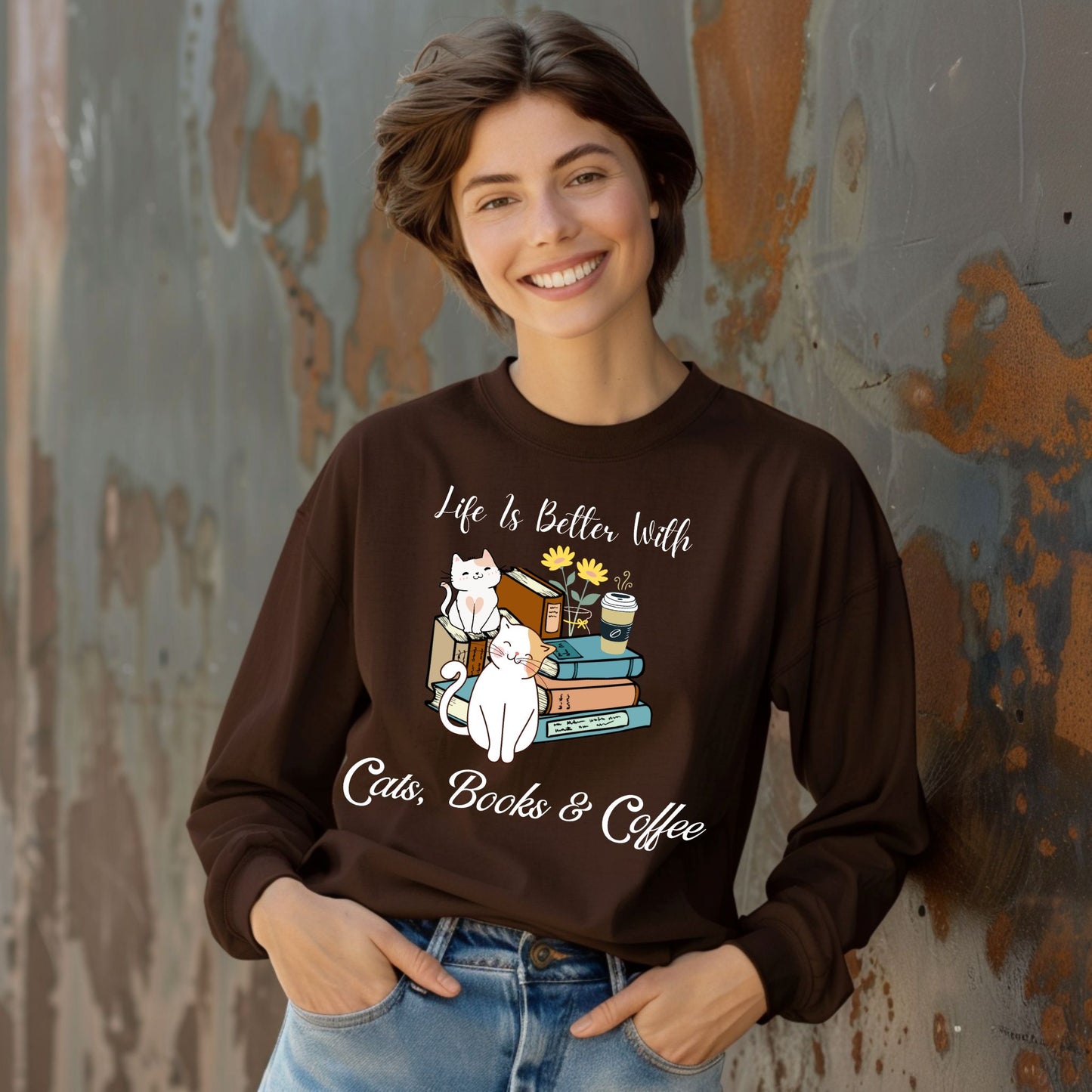 Cute Cat Book Coffee T-Shirt Cozy Literary Cat Lover Tee Long Sleeve Tee