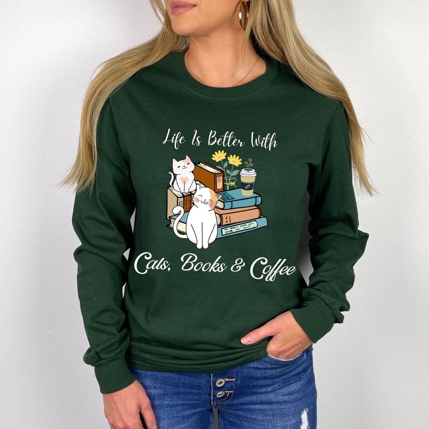 Cute Cat Book Coffee T-Shirt Cozy Literary Cat Lover Tee Long Sleeve Tee
