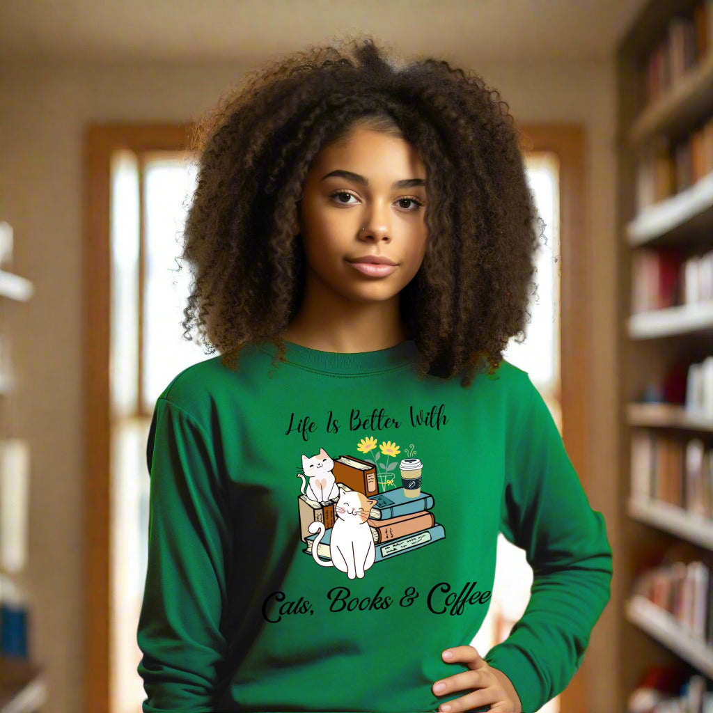 Cute Cat Book Coffee T-Shirt Cozy Literary Cat Lover Tee Long Sleeve Tee