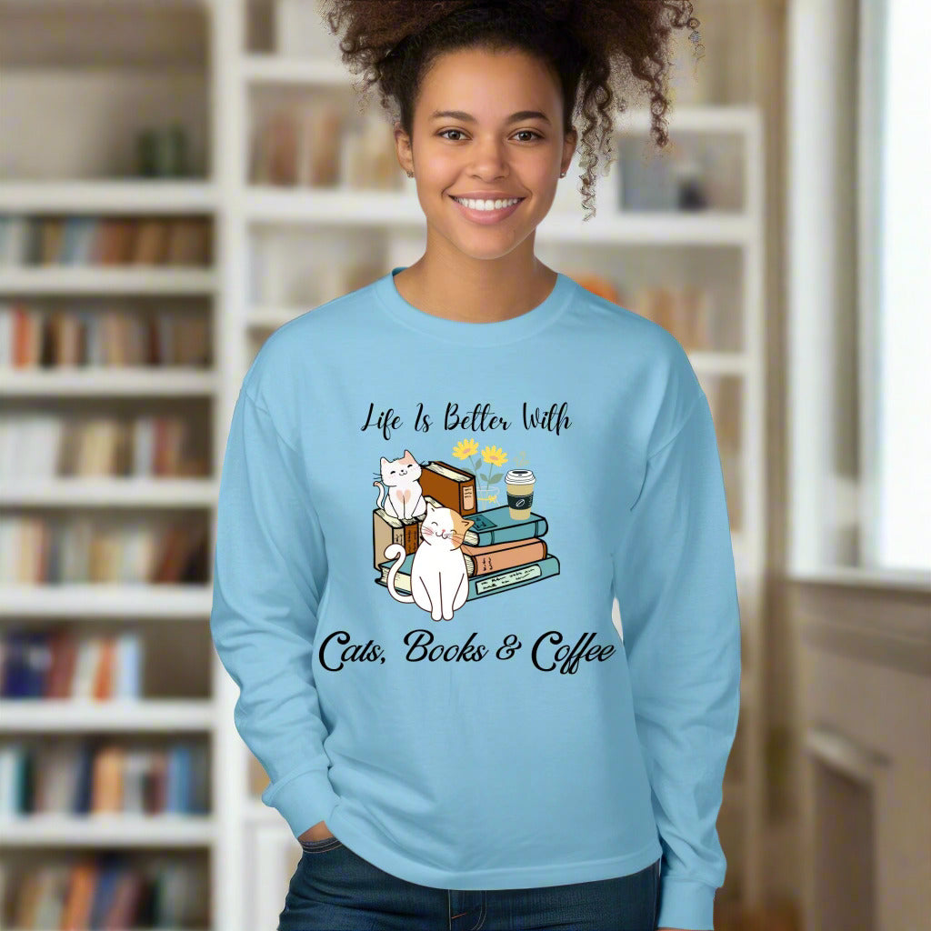 Cute Cat Book Coffee T-Shirt Cozy Literary Cat Lover Tee Long Sleeve Tee