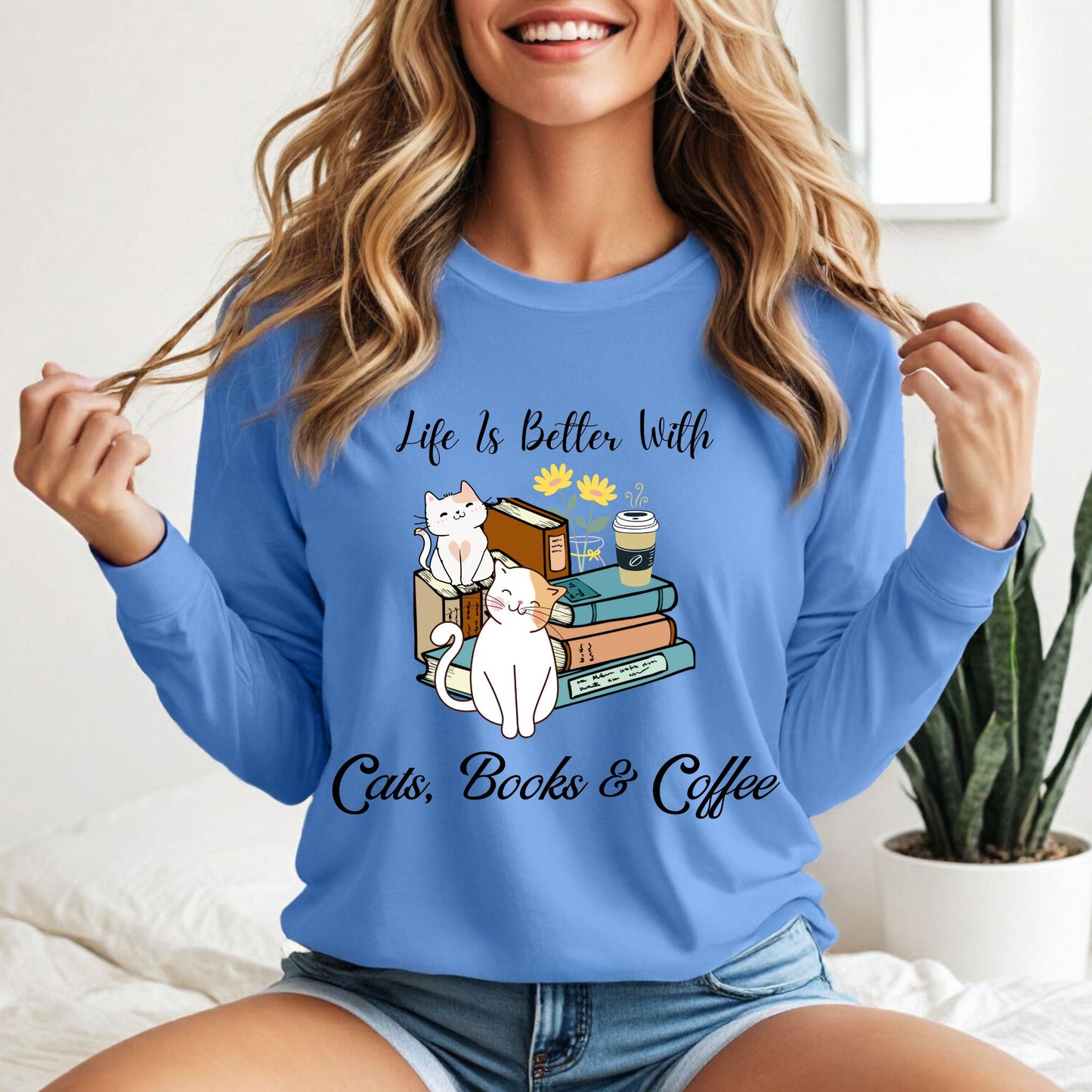 Cute Cat Book Coffee T-Shirt Cozy Literary Cat Lover Tee Long Sleeve Tee