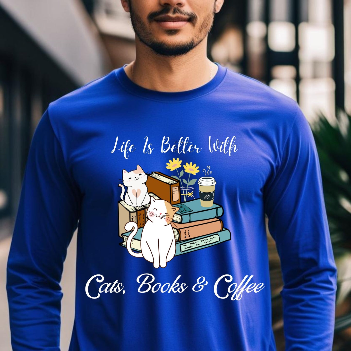 Cute Cat Book Coffee T-Shirt Cozy Literary Cat Lover Tee Long Sleeve Tee