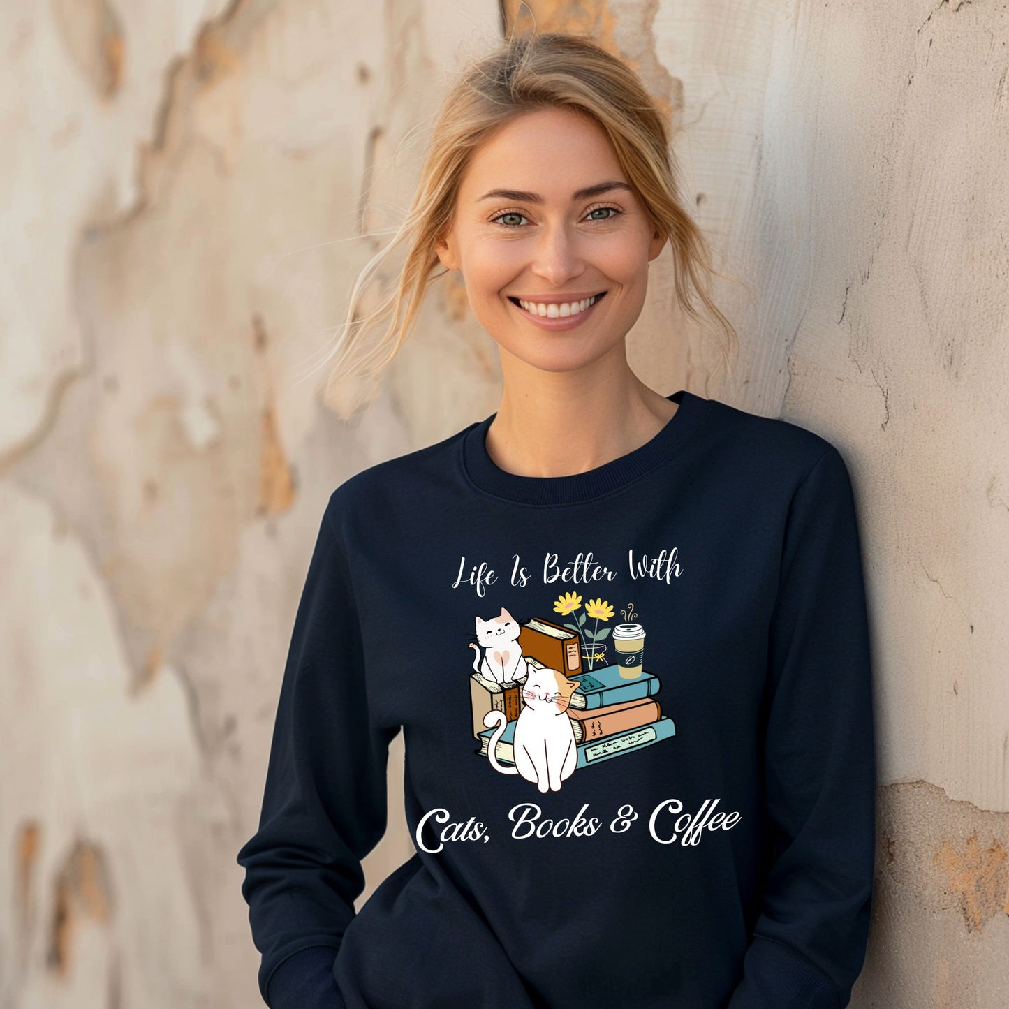 Cute Cat Book Coffee T-Shirt Cozy Literary Cat Lover Tee Long Sleeve Tee