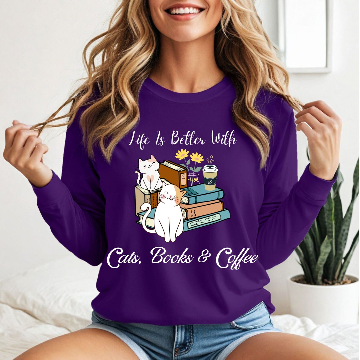 Cute Cat Book Coffee T-Shirt Cozy Literary Cat Lover Tee Long Sleeve Tee