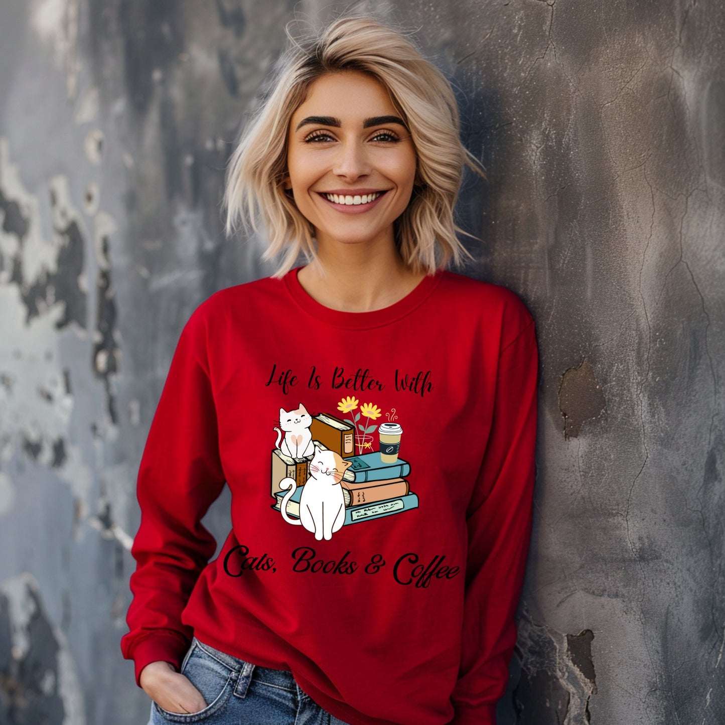 Cute Cat Book Coffee T-Shirt Cozy Literary Cat Lover Tee Long Sleeve Tee
