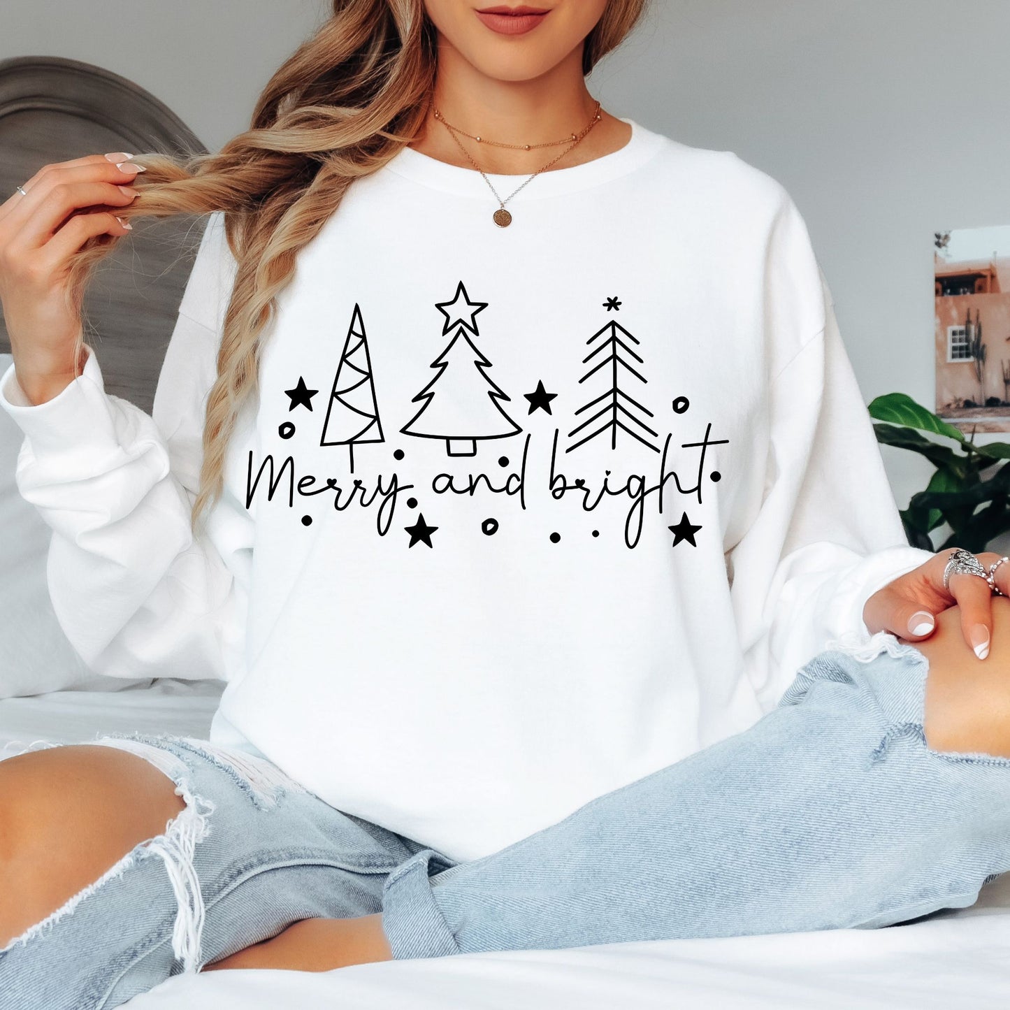 Christmas Tree Line Drawing T-Shirt Merry and Bright Tee Christmas Shirt Long Sleeve Tee