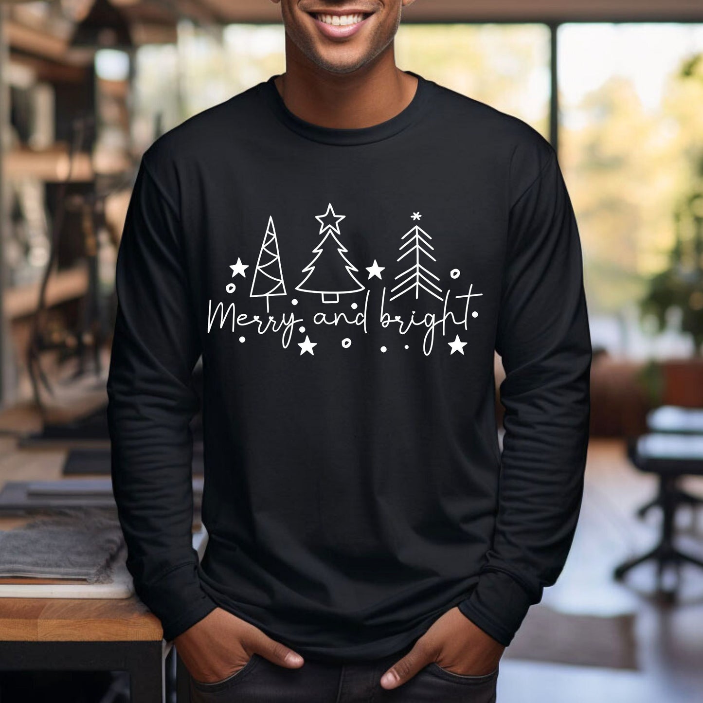 Christmas Tree Line Drawing T-Shirt Merry and Bright Tee Christmas Shirt Long Sleeve Tee