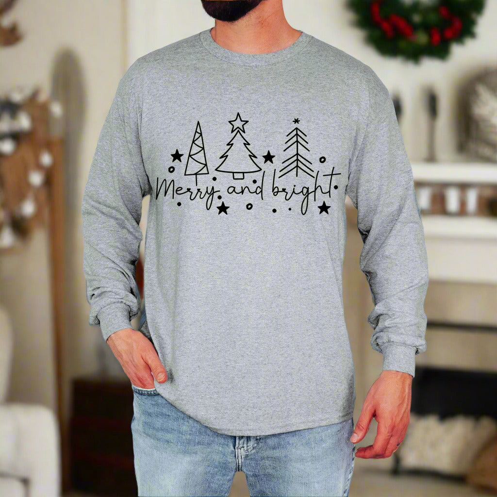 Christmas Tree Line Drawing T-Shirt Merry and Bright Tee Christmas Shirt Long Sleeve Tee