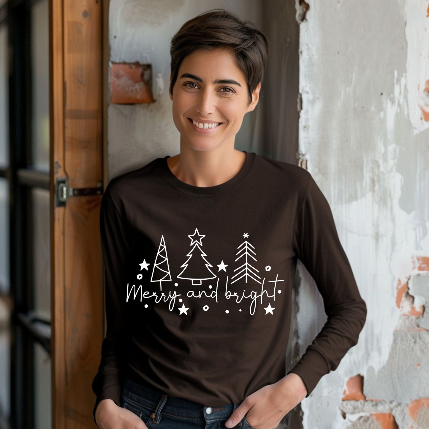 Christmas Tree Line Drawing T-Shirt Merry and Bright Tee Christmas Shirt Long Sleeve Tee