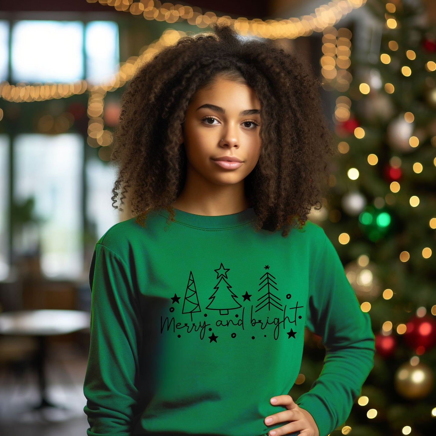 Christmas Tree Line Drawing T-Shirt Merry and Bright Tee Christmas Shirt Long Sleeve Tee