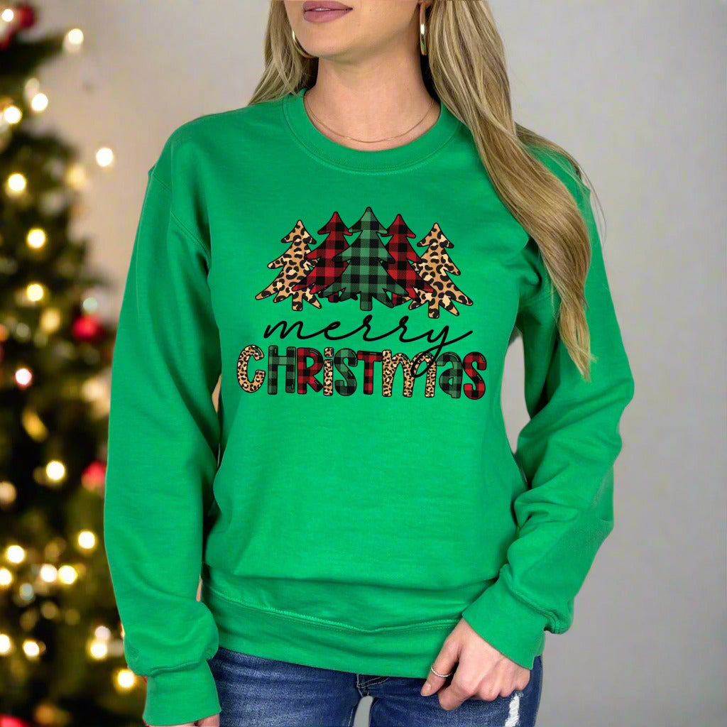 Merry Christmas T-Shirt – Buffalo Plaid & Leopard Print Christmas Tree Graphic Tee Long Sleeve Tee