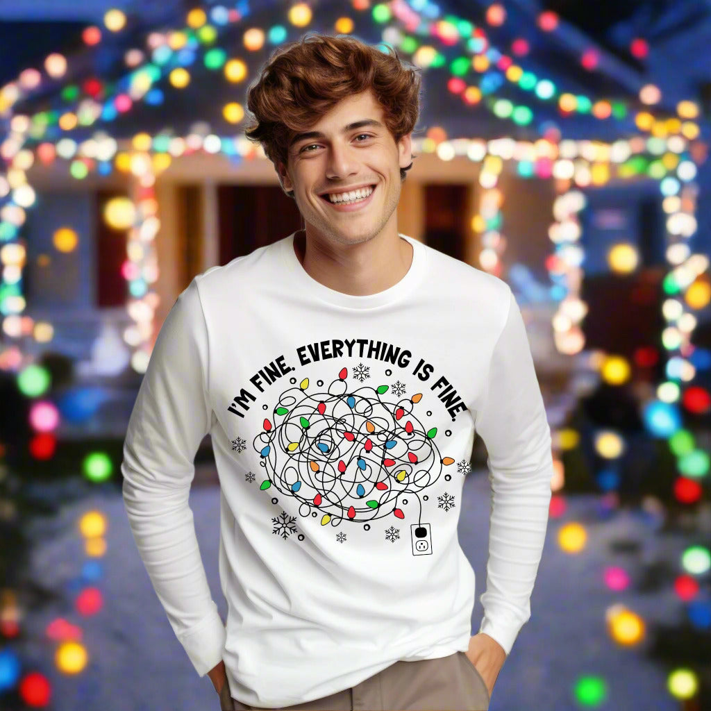 Funny Christmas T-Shirt - I'm Fine Tangled Lights Design Long Sleeve Tee
